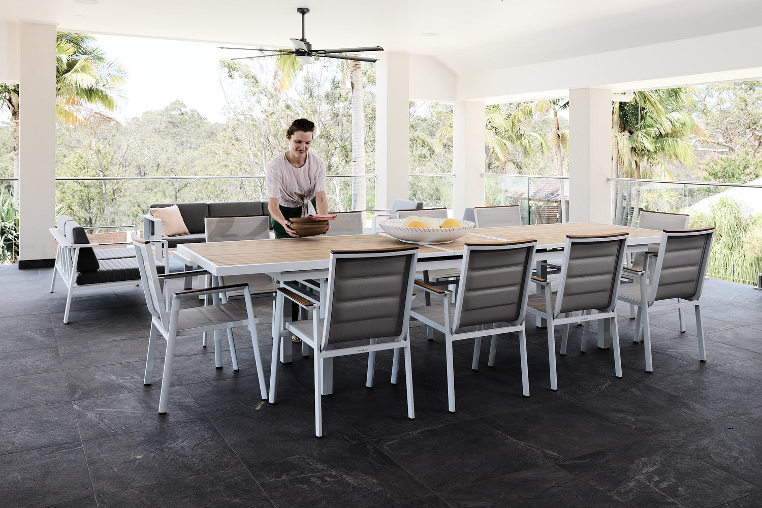 teak and aluminium outdoor extension table setting in white