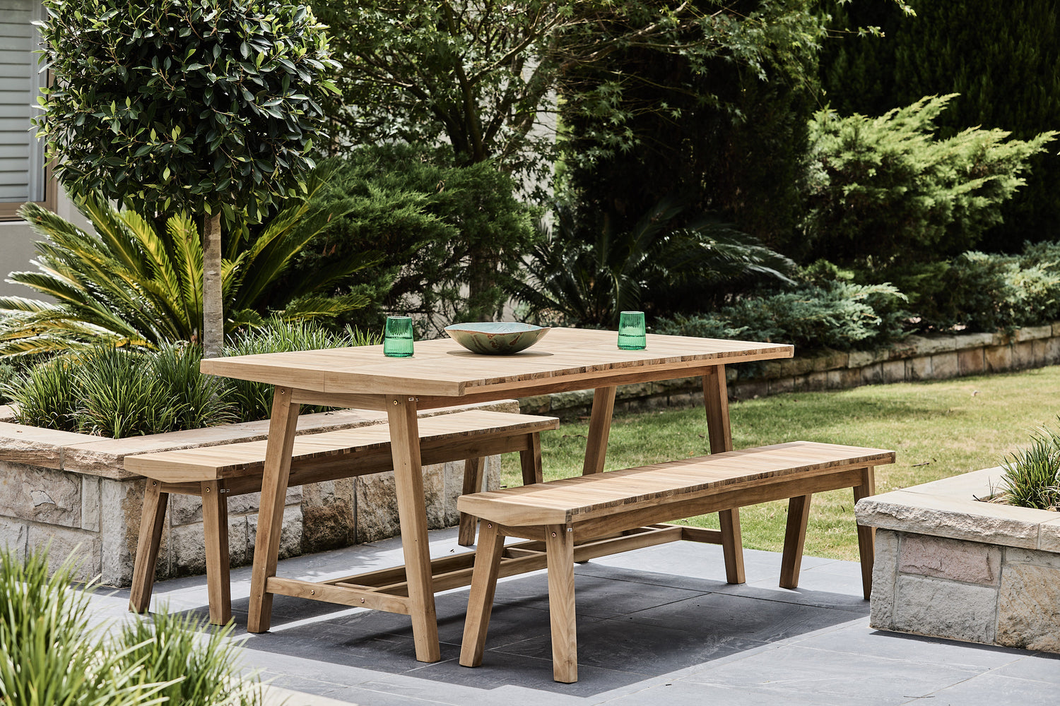 tempe teak outdoor dining setting with benches