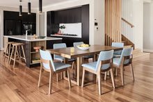 Load image into Gallery viewer, Arcadia Dining Table in Messmate TarwithBlue Wynyard Fabric Indoor Dining Chairs