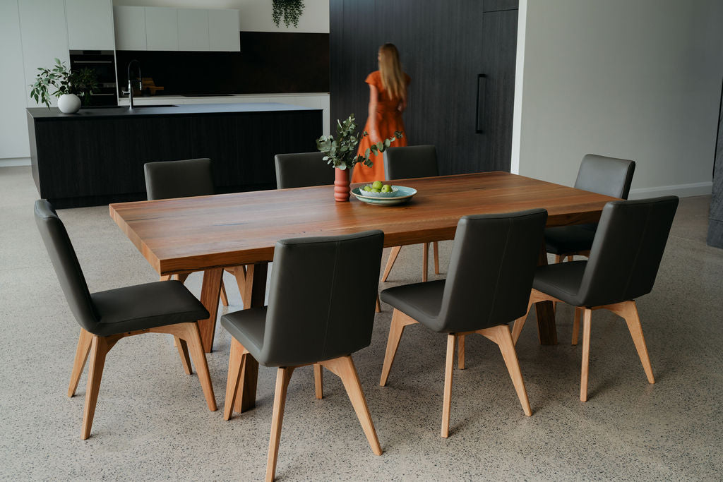 australian made dining table spotted gum with leather chairs