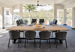 Daytona Outdoor Dining Table Teak Top Aluminium legs with Palma Chairs in Charcoal QDF