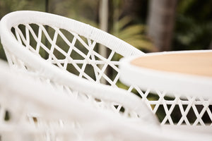 Havana synthetic wicker round outdoor table teak top in white colour 4