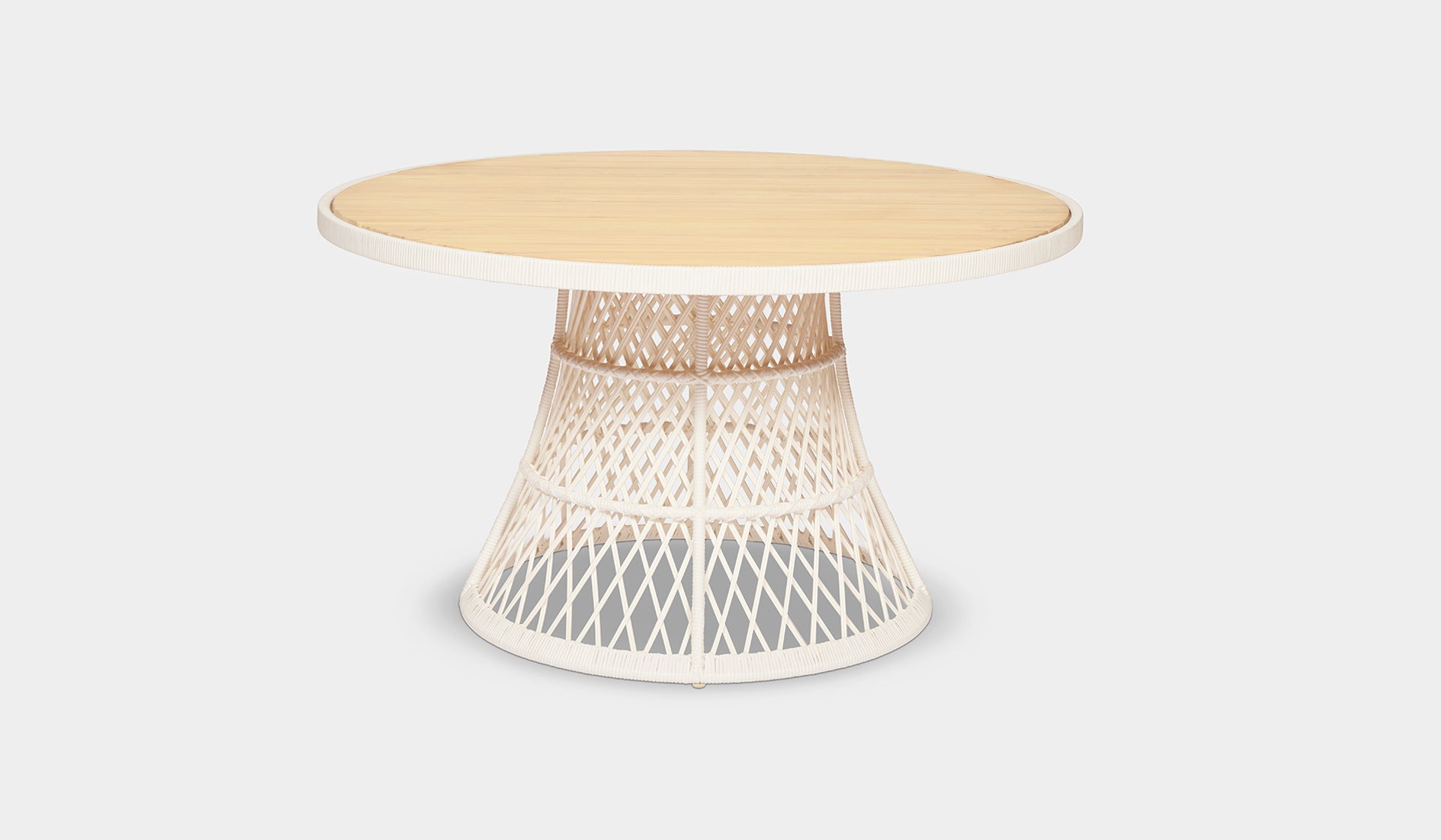 round outdoor dining table white and teak