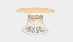 round outdoor dining table white and teak