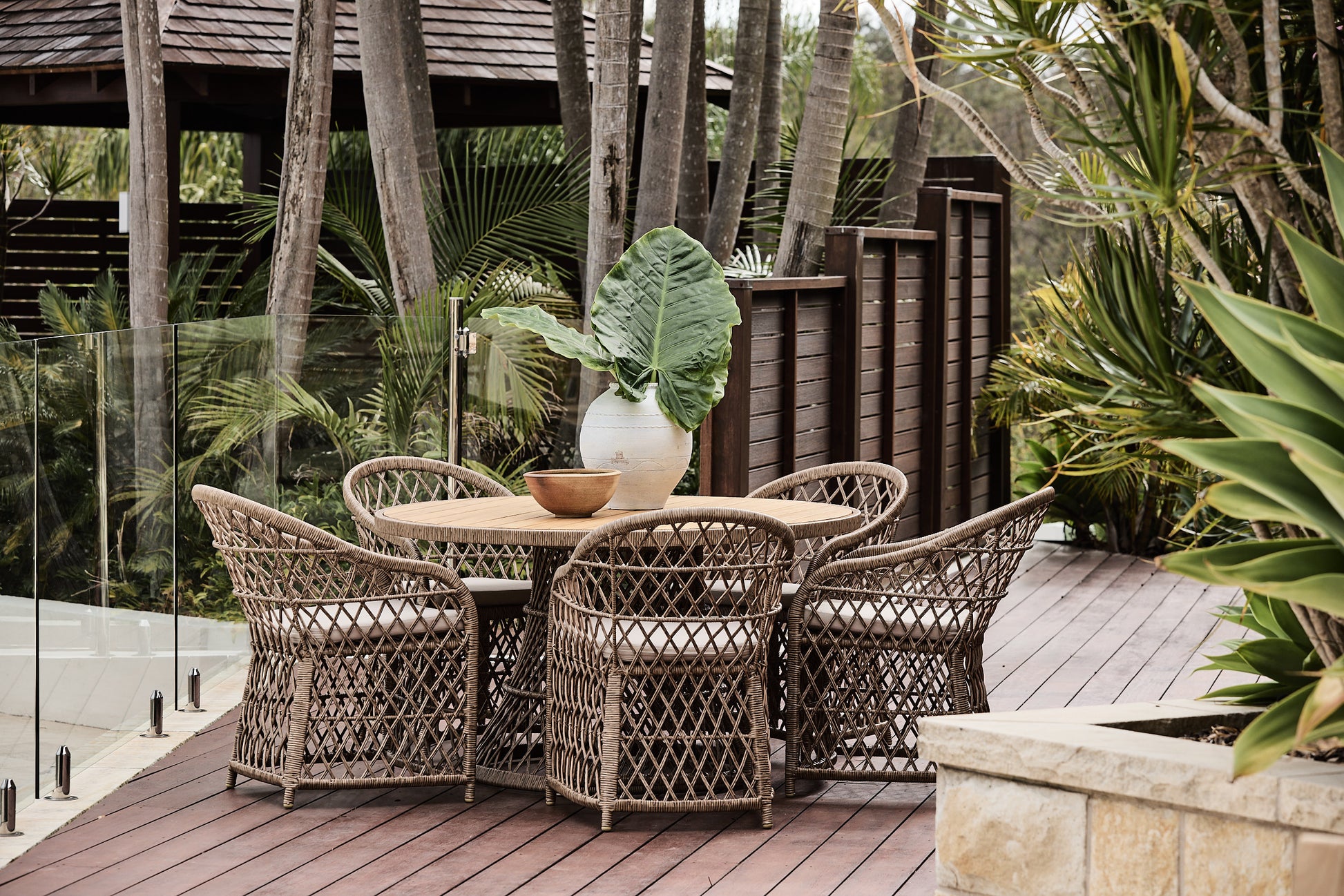 Havana synthetic wicker round outdoor table teak top in natural colour 3