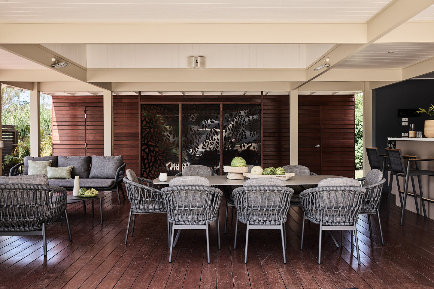 Ibiza Dining Setting in charcoal stone tabletop and rope dining chairs 