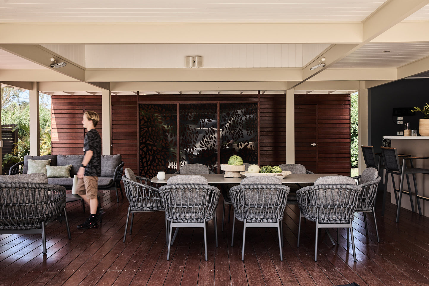 Ibiza Dining Setting in charcoal stone tabletop and rope dining chairs  