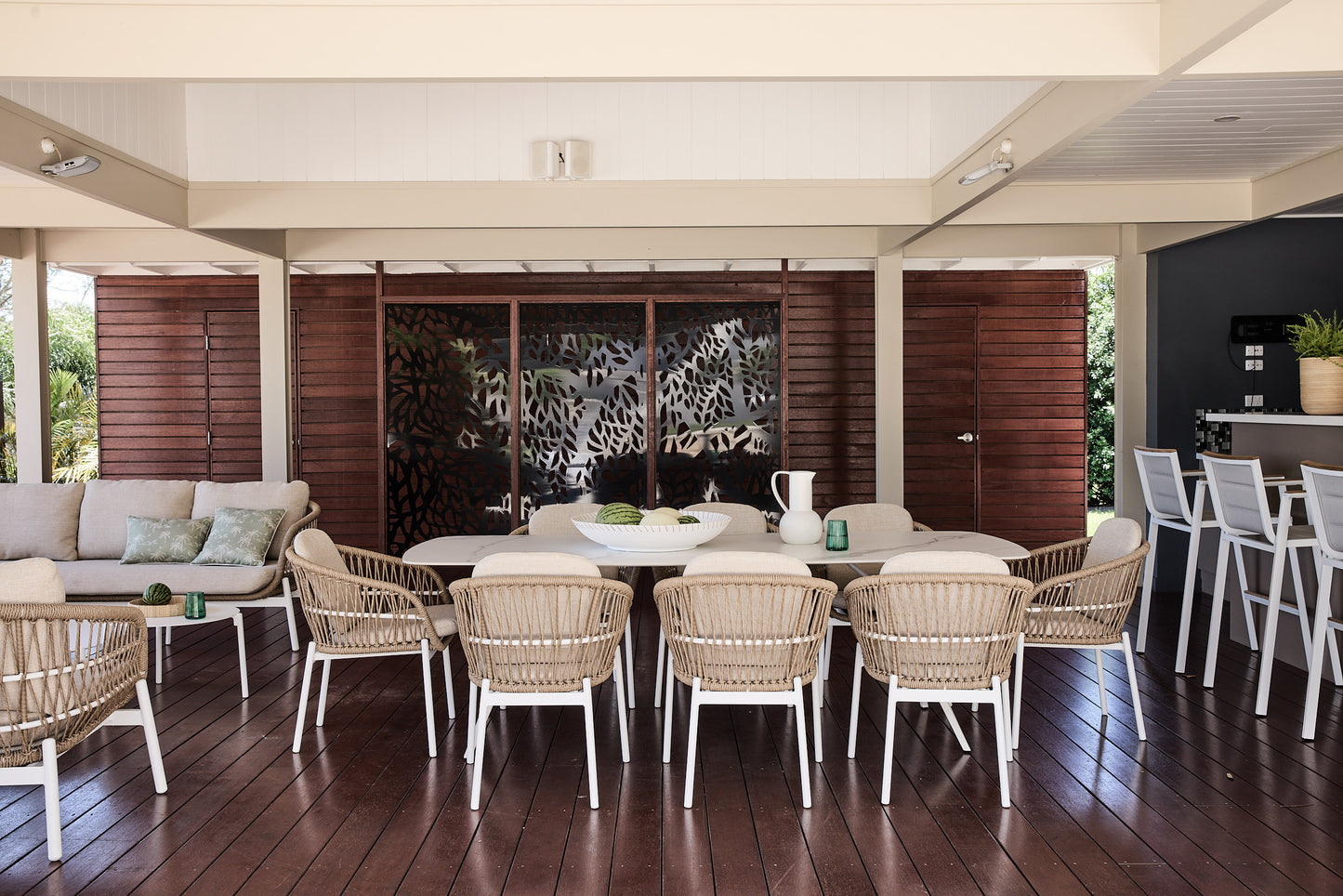 Ibiza Dining Setting in white and natural stone tabletop and twisted rattan synthetic wicker dining chairs 1