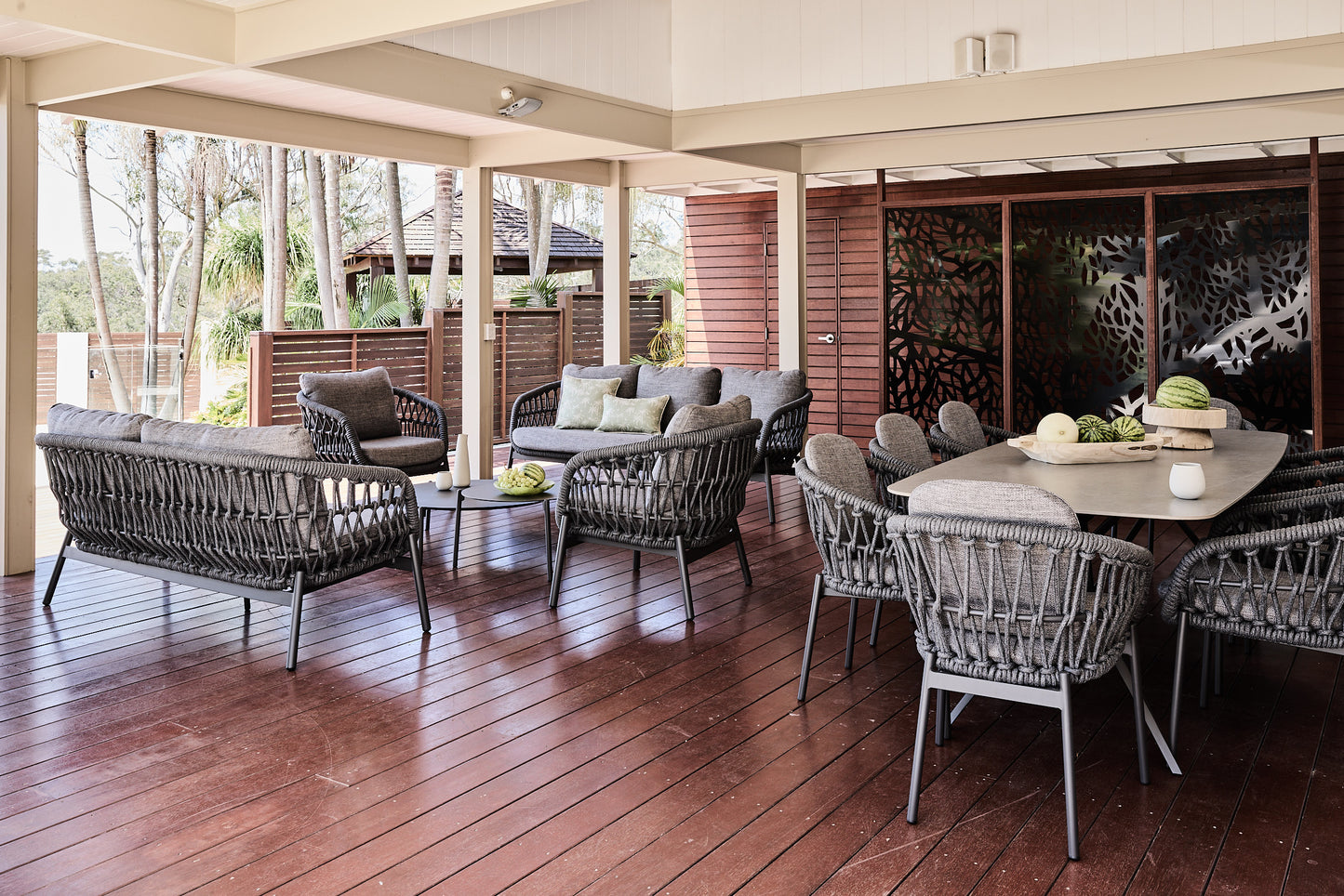 Ibiza Dining Setting in charcoal stone tabletop and rope dining chairs 