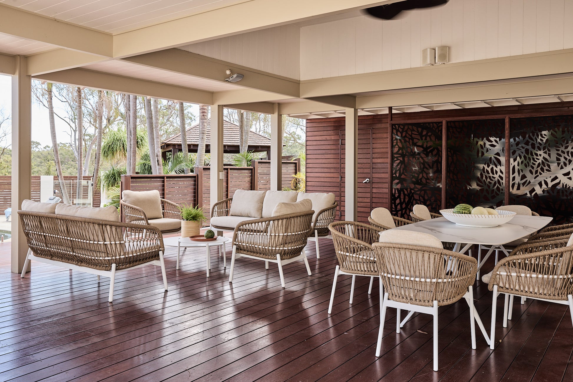 Ibiza Dining Setting in white and natural stone tabletop and twisted rattan synthetic wicker dining chairs 4 with rope lounge setting to match