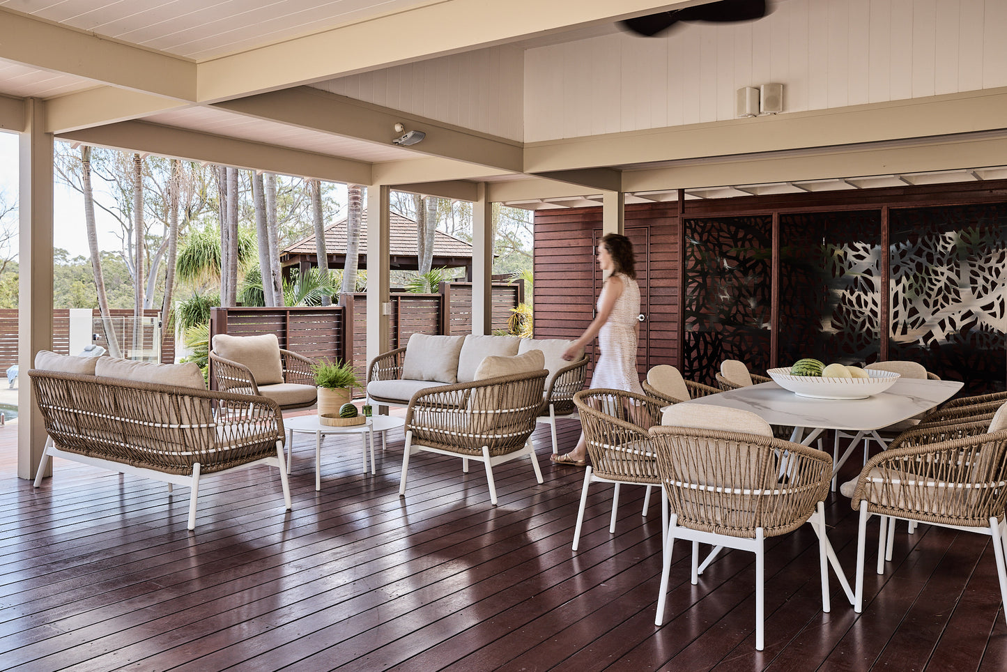 Ibiza Rope Outdoor Sofa setting in charcoalwithstone top dining table and twisted rattan chairs nat and white