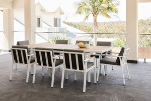 kai 180-240 teak dining table in white with kai dining chairs