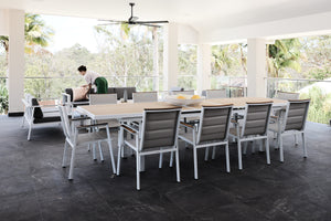 kai 280-340 teak dining table in white with mackay dining chairs