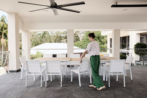 Kai dining 2.8-3.4m extension table with white noosa arm and noosa side chairs