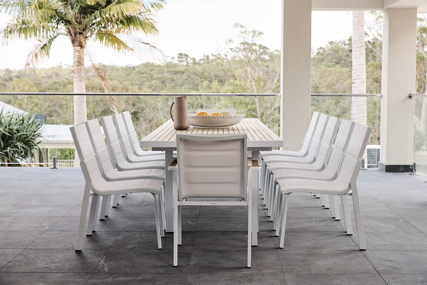 Kai dining 2.8-3.4m extension table with white noosa arm and noosa side chairs