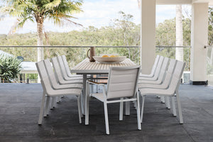 kai 280-340 teak dining table in white with noosa dining chairs