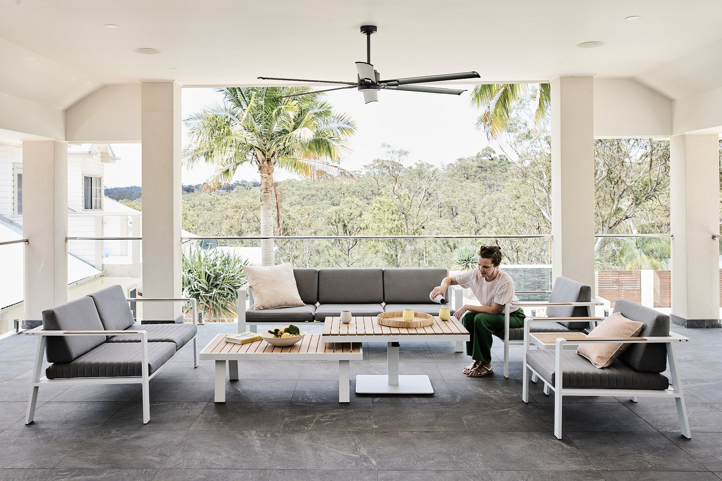 Kai Outdoor Sofa Setting teak and aluminium in white and grey fabric cushions with adjustable height coffee table