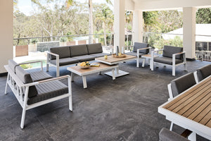 Kai Outdoor Sofa Setting teak and aluminium in white and grey fabric cushions with adjustable height coffee table