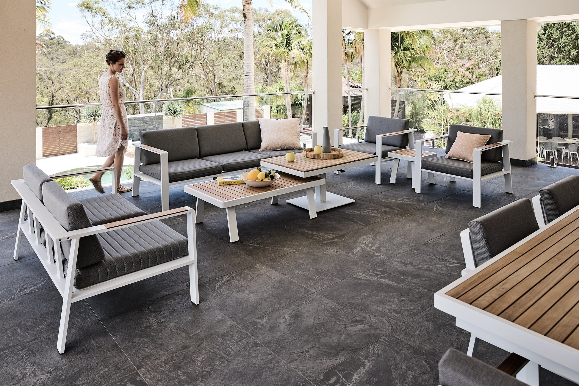 Kai Outdoor Sofa Setting teak and aluminium in white and grey fabric cushions with adjustable height coffee table