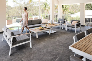 Kai Outdoor Sofa Setting teak and aluminium in white and grey fabric cushions with adjustable height coffee table