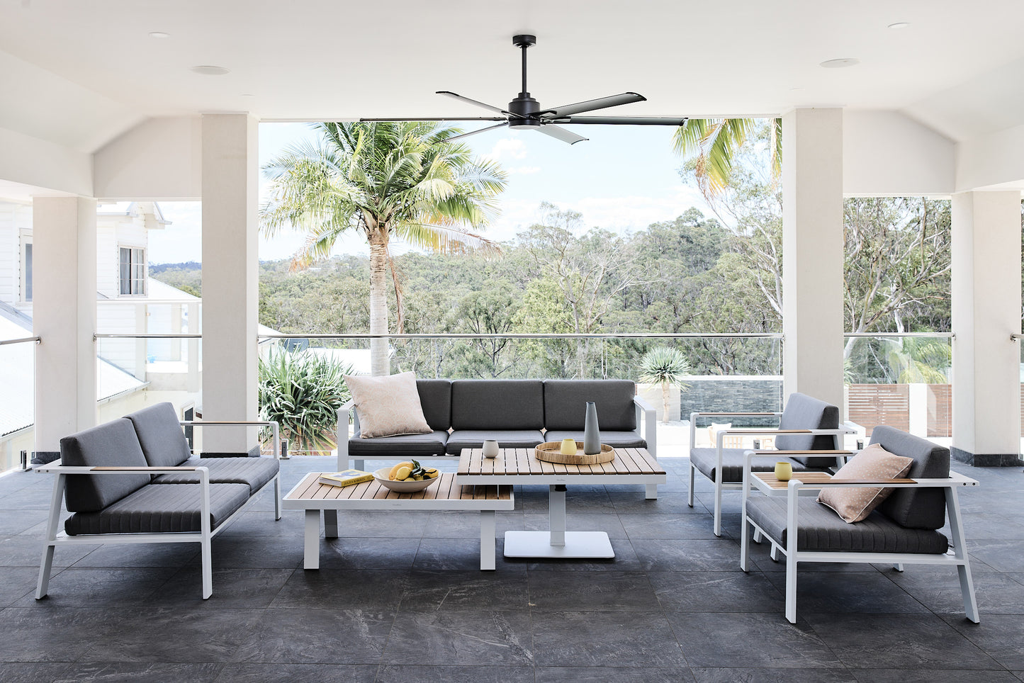 Kai Outdoor Sofa Setting teak and aluminium in white and grey fabric cushions with adjustable height coffee table