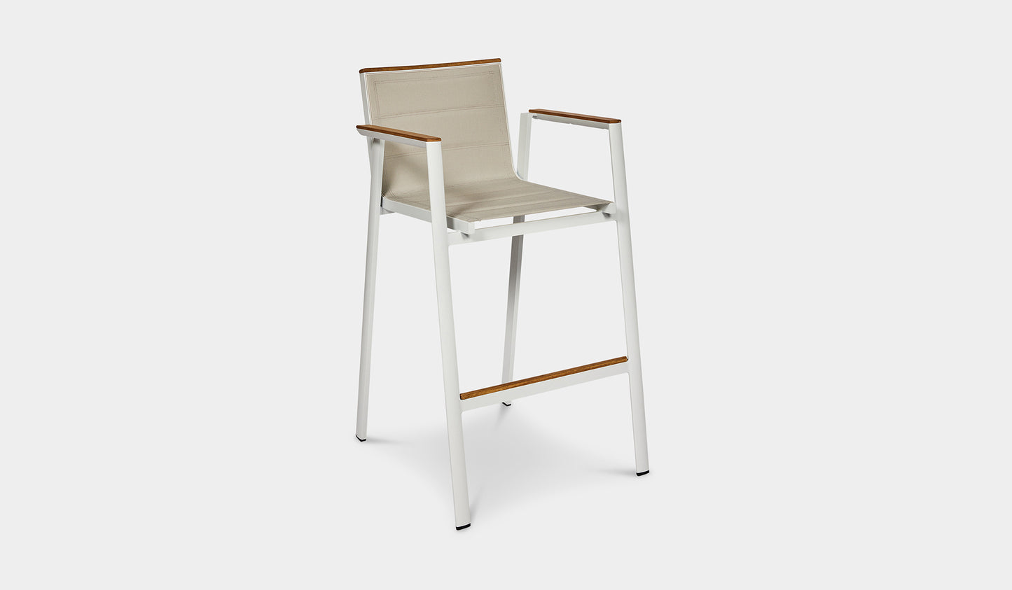 aluminum white bar stool with teak arms