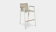 Load image into Gallery viewer, aluminum white bar stool with teak arms