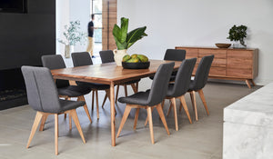 indoor dee why table, buffet and charcoal fabric chairs