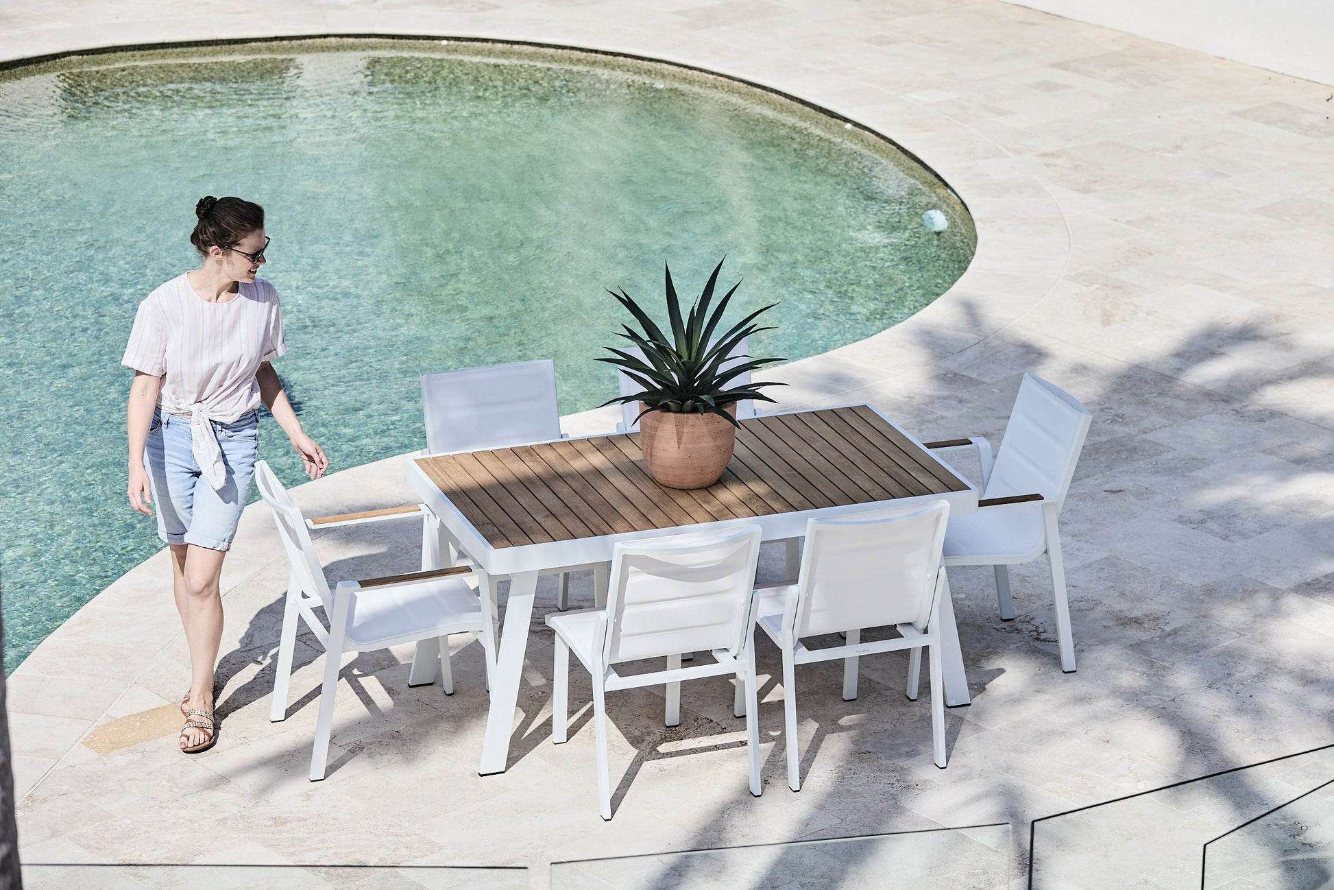 a Small Outdoor Dining Setting in White Aluminium with Teak Table Top