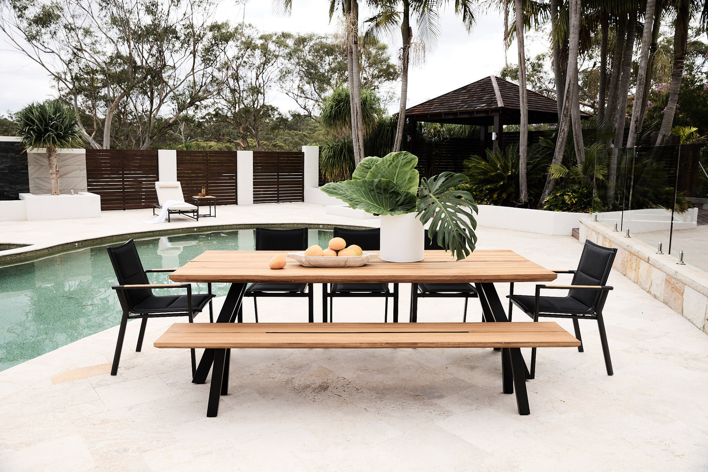 Rockdale reclaimed LAL teak table with bench and rockdale arm chairs