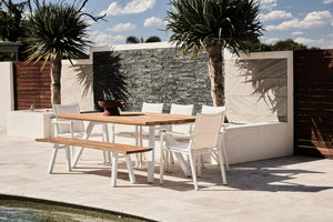 Rockdale Rectangle Dining Setting reclaimed look a like teak with white aluminium legs and white arm chairs1