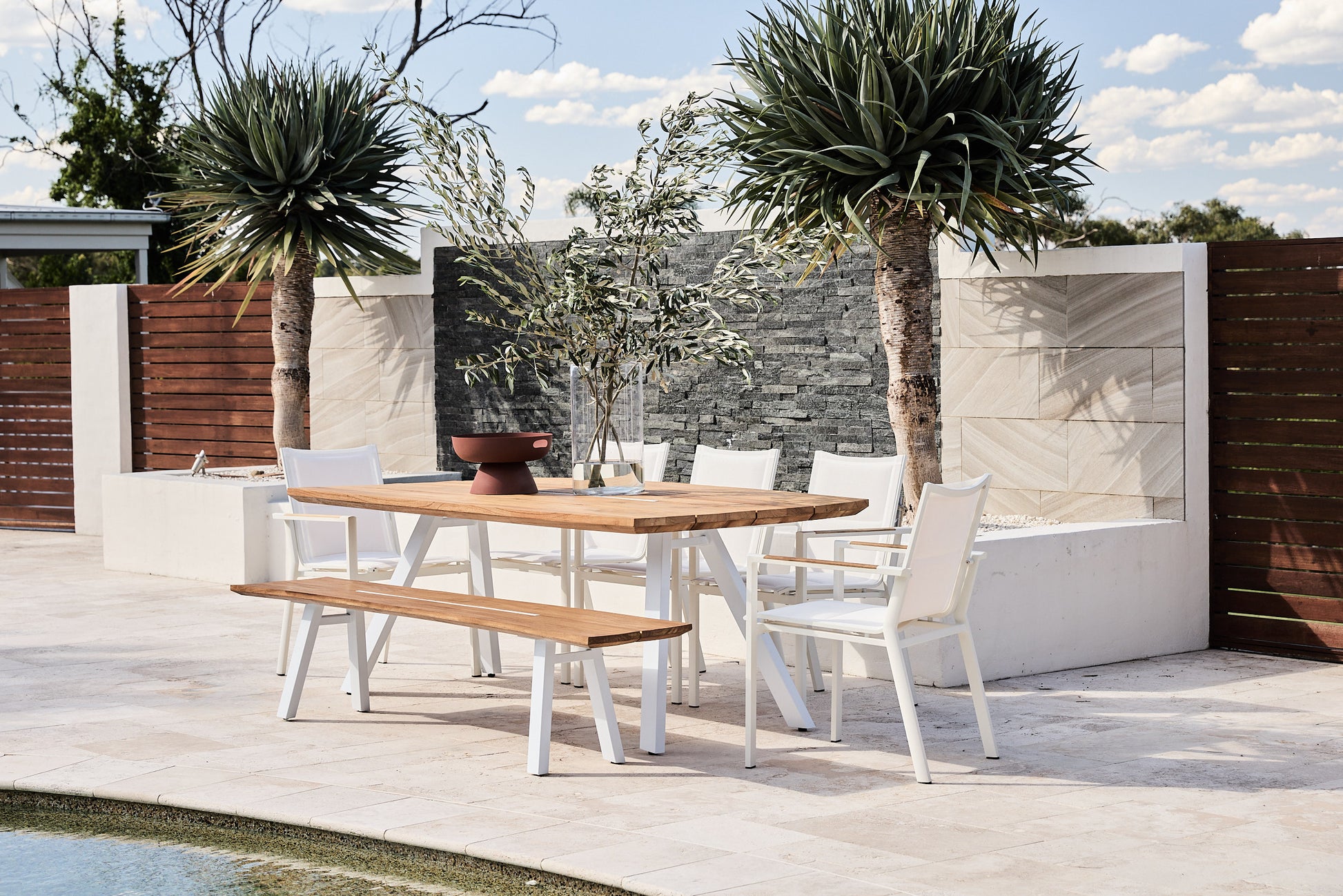 Rockdale Rectangle Dining Setting reclaimed look a like teak with white aluminium legs and white arm chairs1