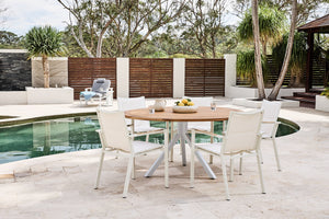 rockdale round outdoor table white and teak