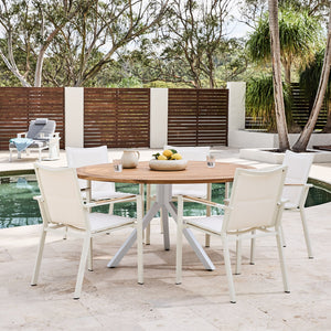 rockdale round outdoor table white and teak