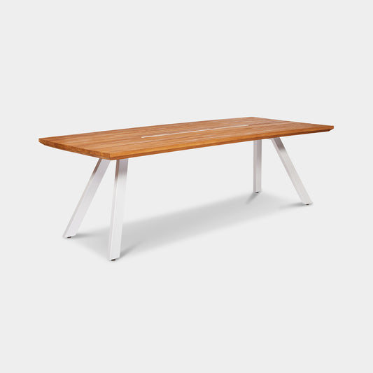 teak outdoor fixed table with white aluminium