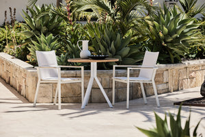 white rockdale arm chairs aluminium with teak bistro table