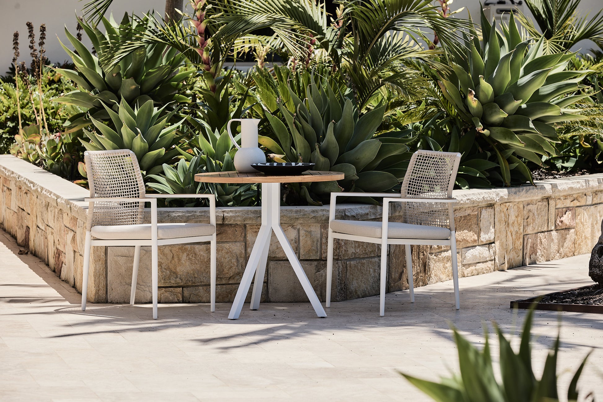 bisto 80cm table in teak with rope arm chairs outdoor