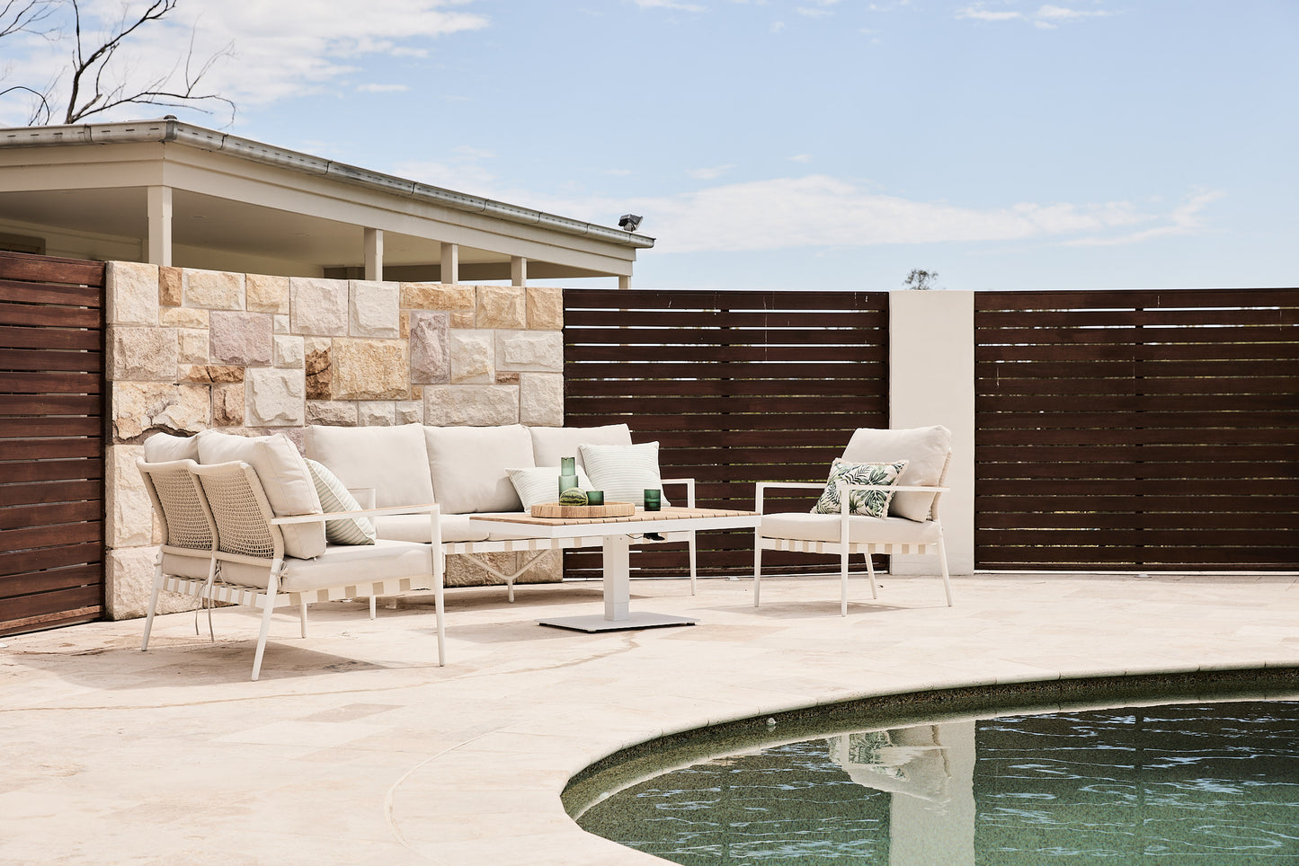 santiago outdoor sofa setting with white mackay adjustable coffee table and teak table top