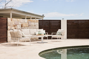 santiago outdoor sofa setting with white mackay adjustable coffee table and teak table top
