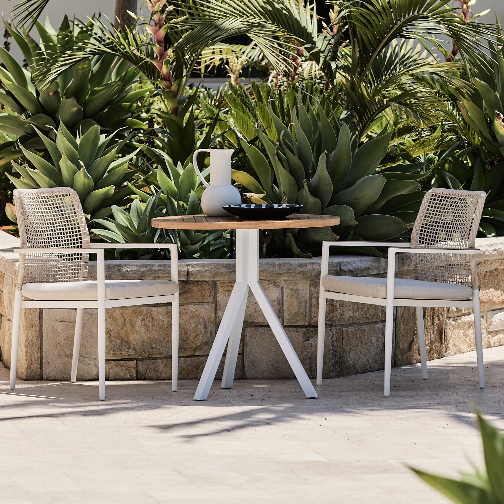 Santiago white rope arm chair with bistro teak table