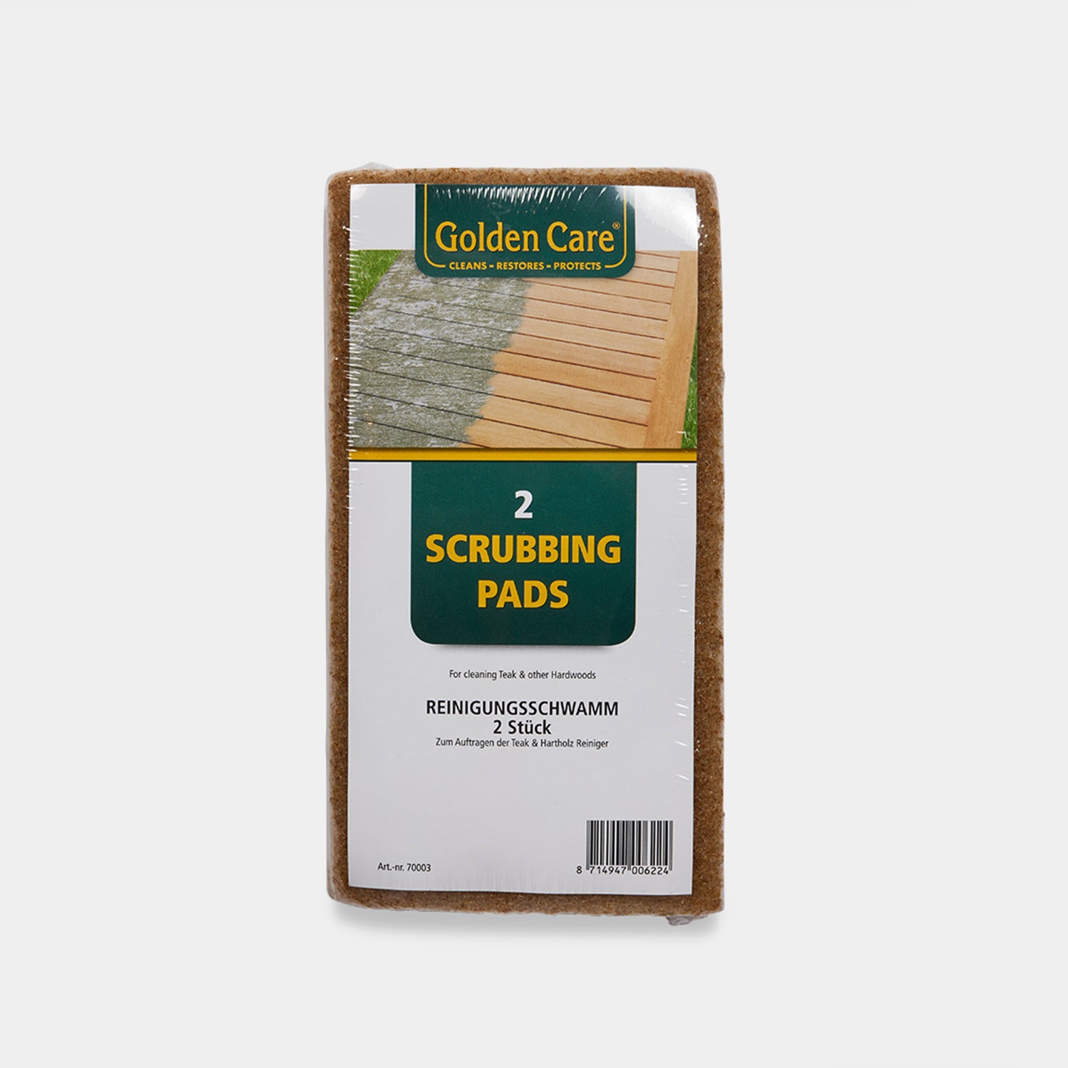 Pack of Golden Care scrubbing pads on a white background