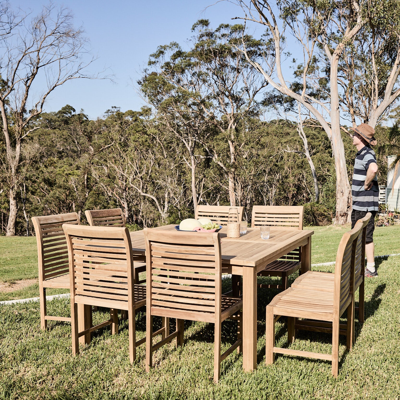 teak square 8 seater with blaxland side chairs