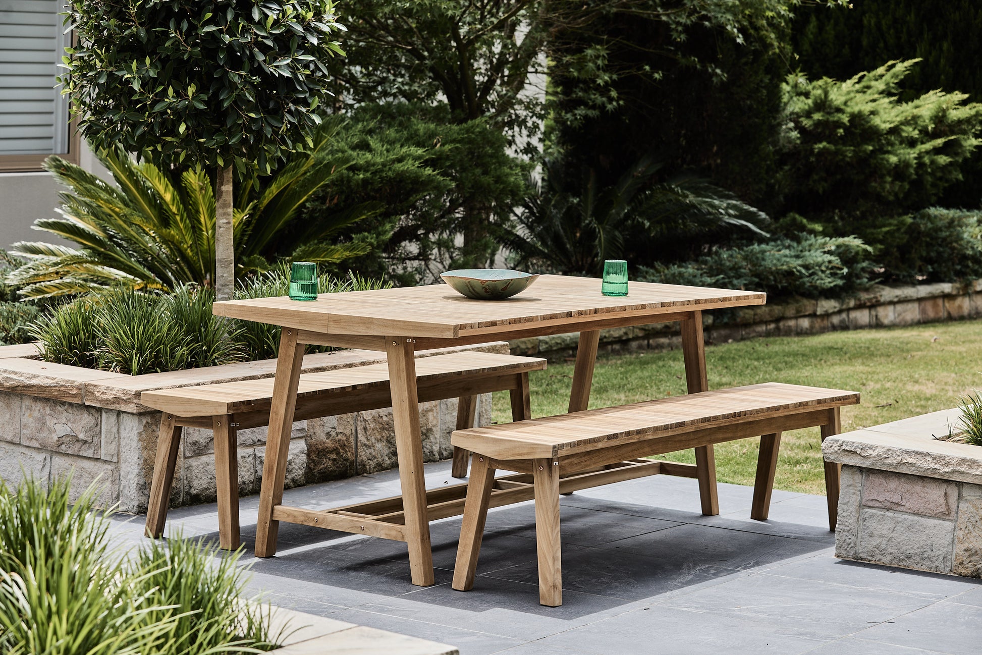 tempe outdoor bench setting in teak