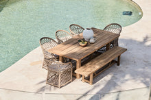 Load image into Gallery viewer, reclaimed teak bench setting with wicker bucket chairs