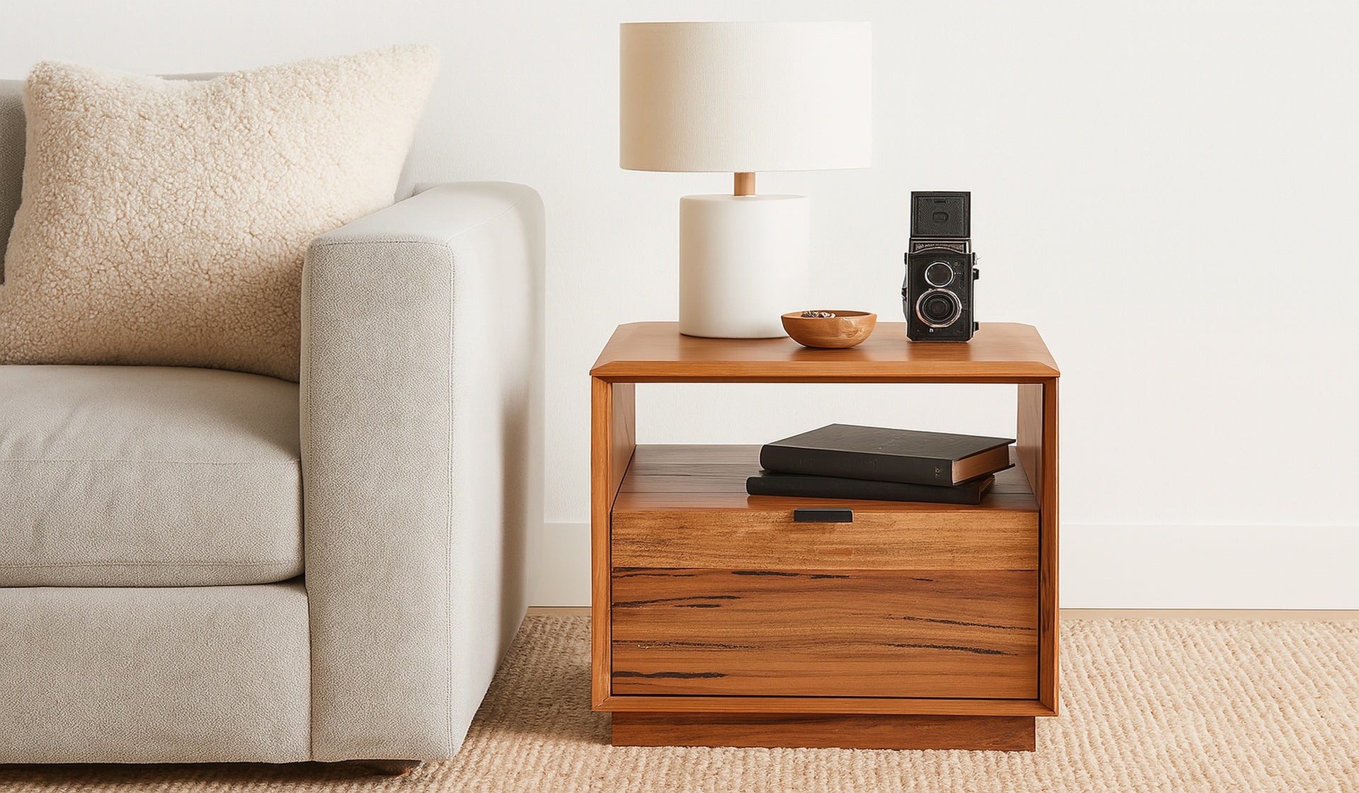 Wooden side table with lamp and books next to a beige sofa in a living room.