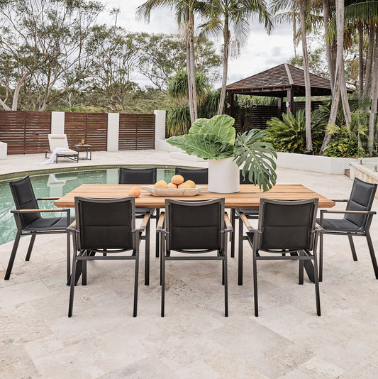 rockdale outdoor setting in teak and aluminium 9 piece