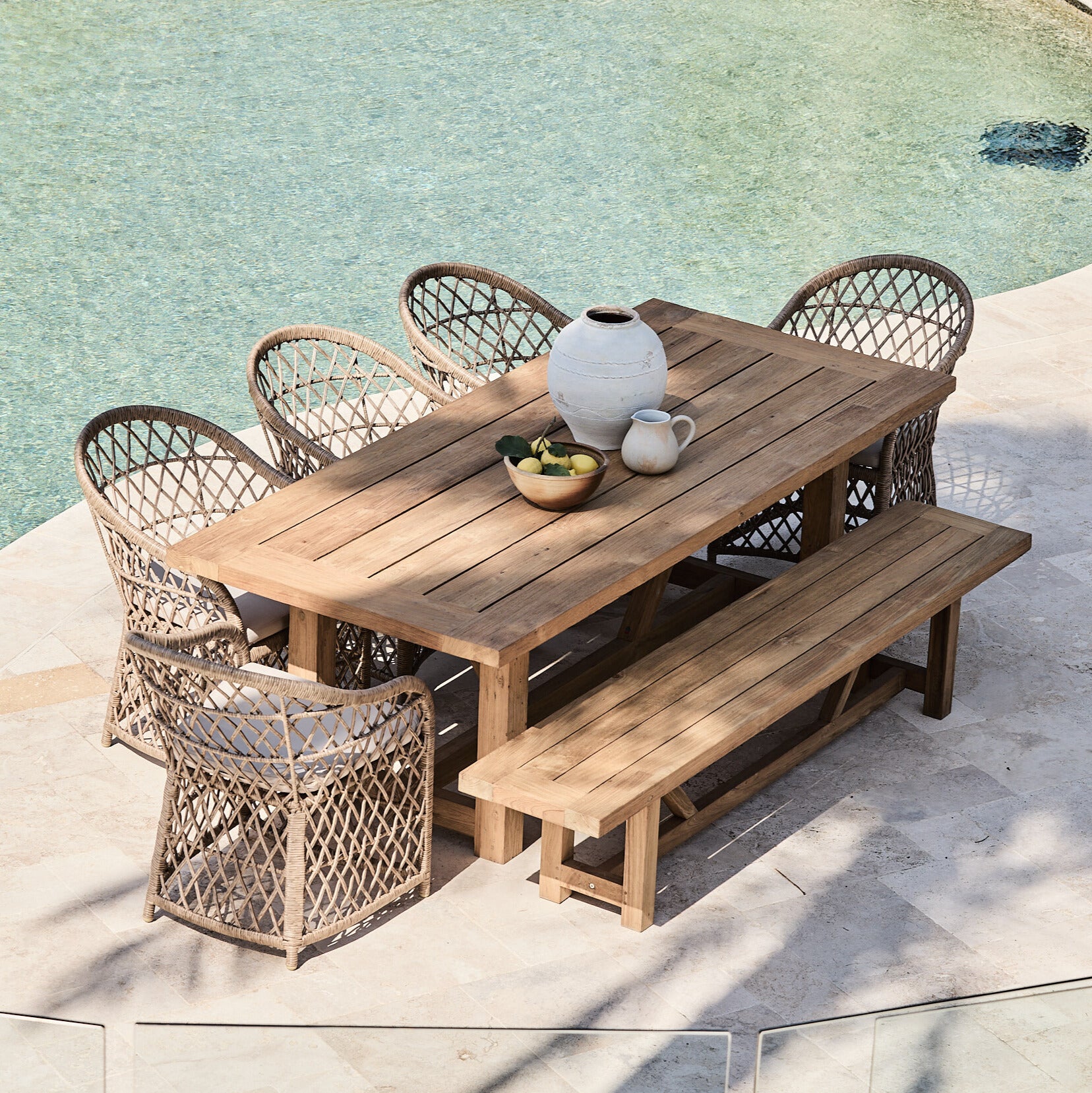 vinegard reclaimed teak table with bench and 5 havana wicker chairs