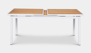 white kai extension table with teak top