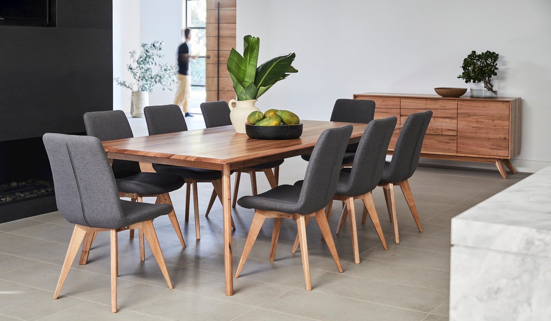 dee why charcoal dining chair with messmate indoor dining table and buffet