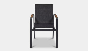 noosa dining chair in charcoal with texline fabric and teak armrest
